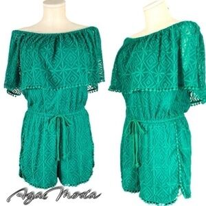 JACK By Bb Dakota Teal Lined Lace Romper With A Waist Ties And Draped Shoulders